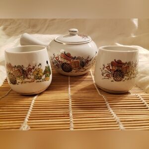 Lovely Porcelain Tea Set w/Hand-Painted Traditional Asian Motif - Teapot+2 Cups